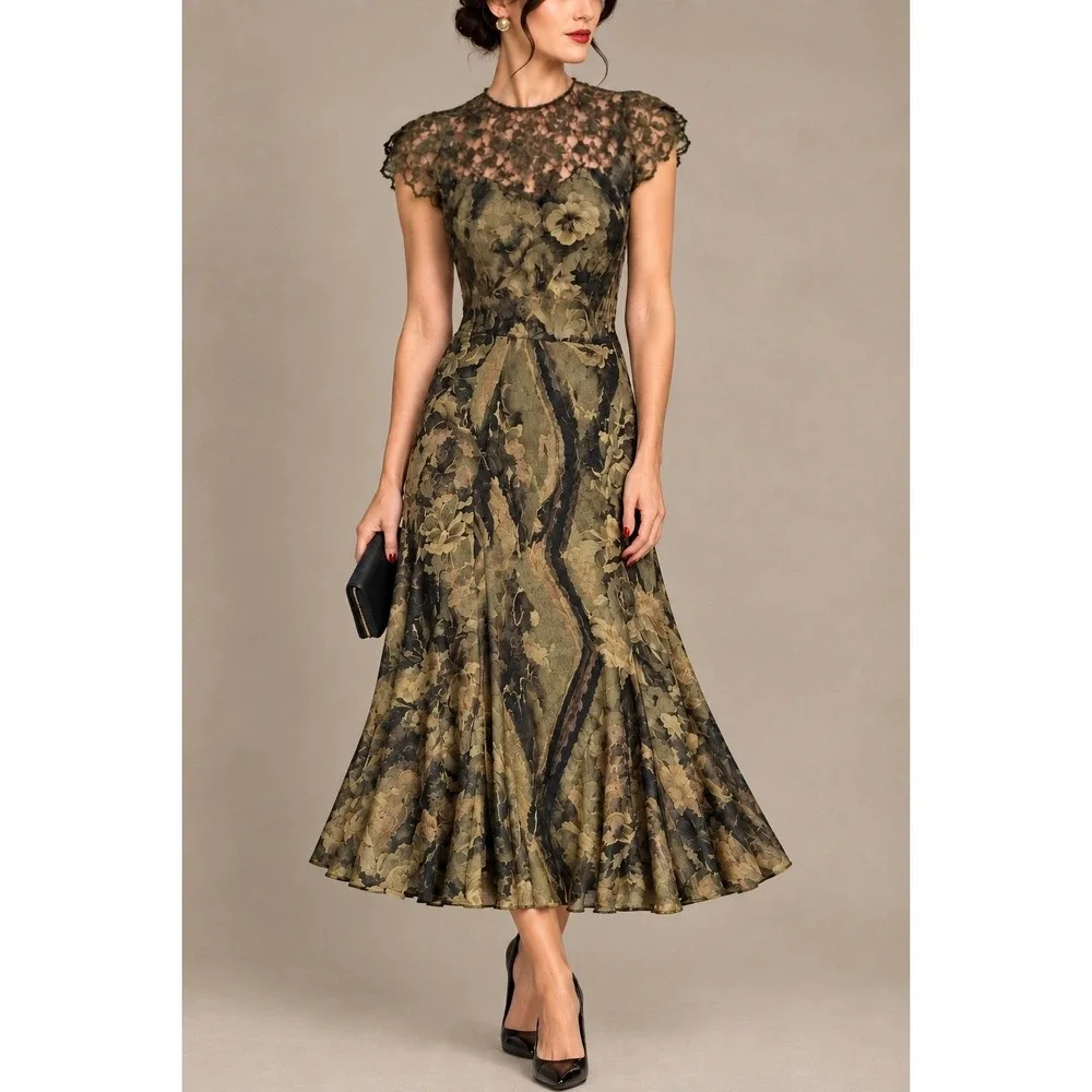Carole Little Vintage 90s Black Gold Floral Lace Whimsygoth Romantic Dress 10